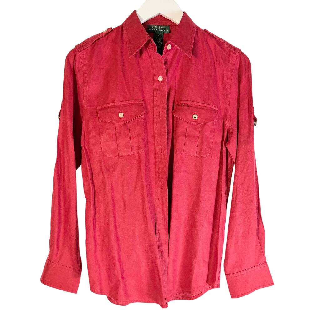 Vintage Ralph Lauren Red 100% Linen Long Sleeve Button Up Roll Tab Sleeves S